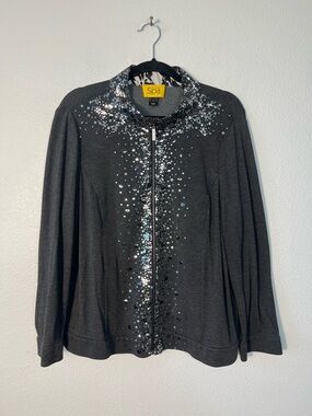 St. John Spa Gray Full Zip Cardigan Sweatshirt Jacket Sequin XL Quiet Luxury